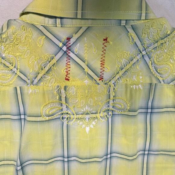 Vintage Red Button Up Casual Embroidered Short Sleeve Shirt Men L Yellow Blue - Picture 4 of 10